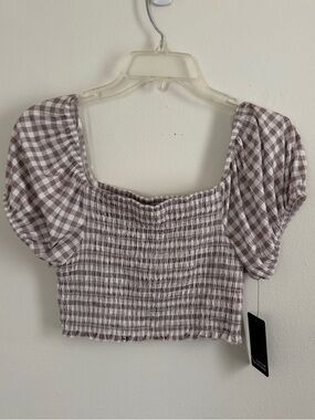 Caution To The Wind Smocked Gingham Puff Sleeve Crop Top - Cream & Brown